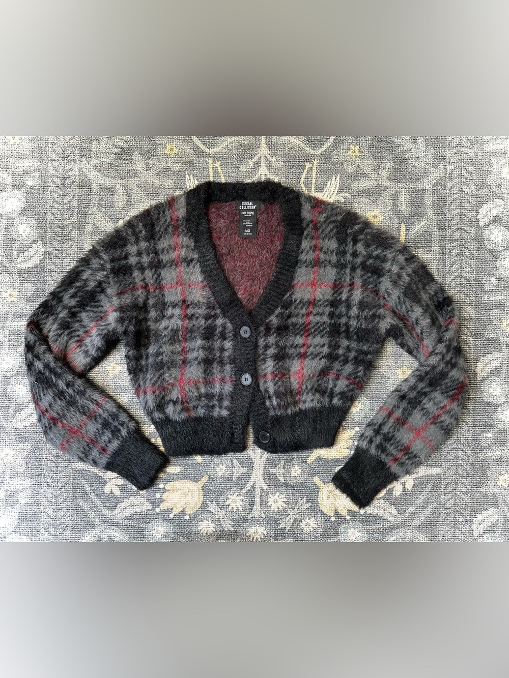 Social Collision Hot Topic Gray Red Plaid Fuzzy Shaggy Cardigan Sz M